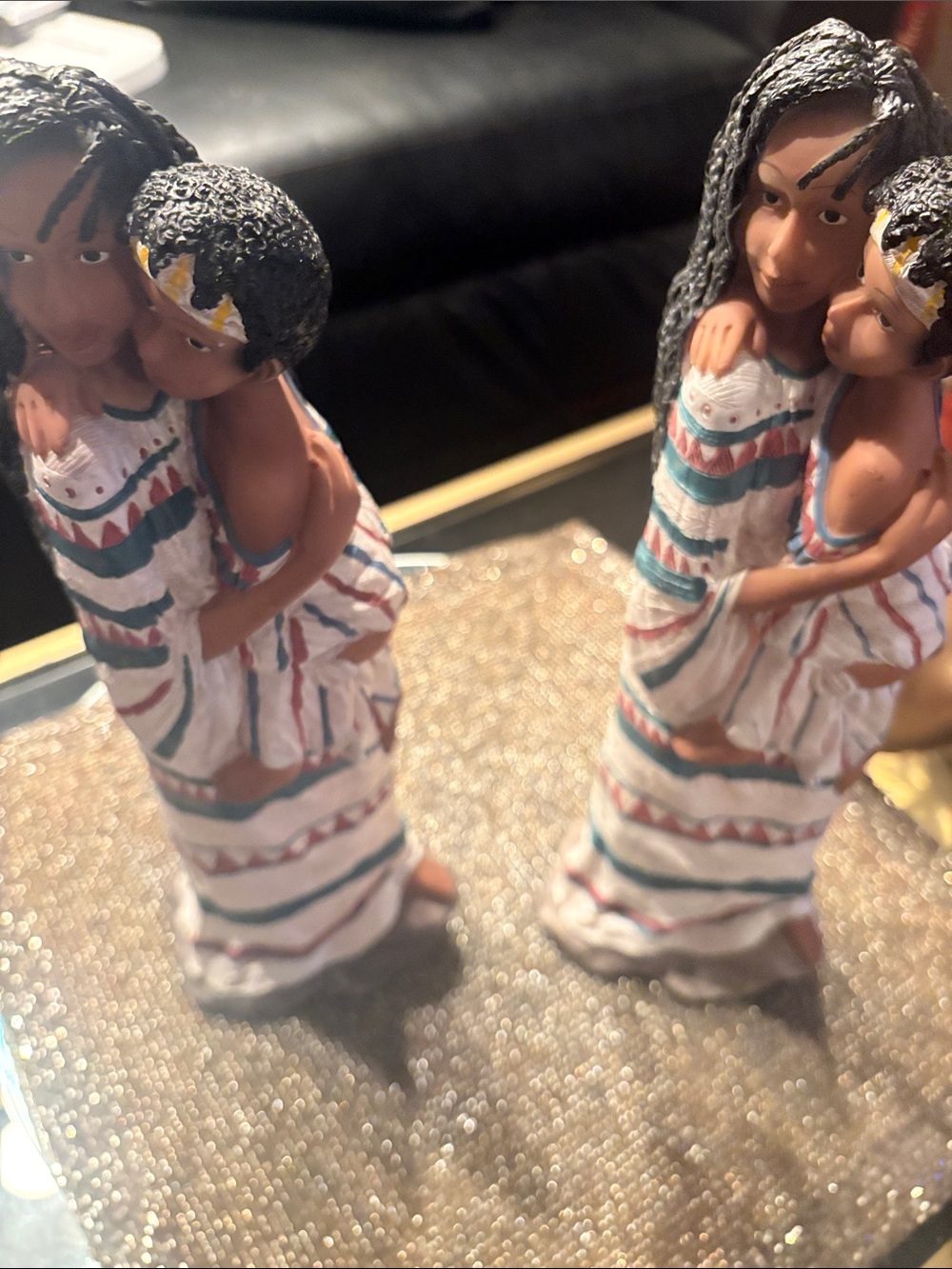 Mother and Child Figurine Pair - Hand-Painted Striped Dresses
